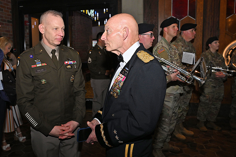 Retired Army Lt. Gen. Keith Huber, senior adviser for veterans and leadership initiatives at Middle Tennessee State University in Murfreesboro, Tenn., right, and Army Maj. Gen. Brett Sylvia, commander of the 101st Airborne Division at Fort Campbell, Ky., chat Tuesday, May 20, at the Grand Ole Opry’s annual Salute the Troops celebration in Nashville, Tenn., that also included observance of the 250th birthday of the U.S. Army. Huber and Sylvia helped welcome country music stars and Opry members along with the 100th Army Band. (MTSU photo by James Cessna)