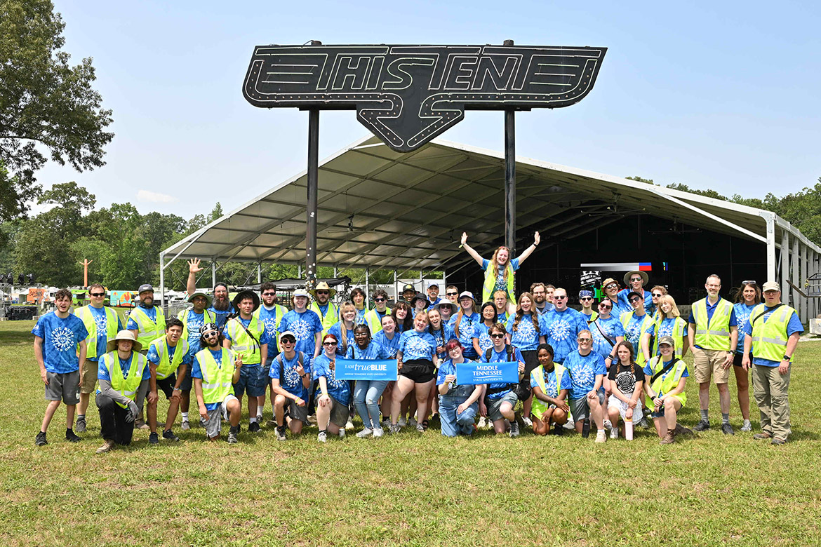 The team of students, faculty and staff from Middle Tennessee State University in Murfreesboro, Tenn., take a group photo Wednesday, June 11, at the 2025 Bonnaroo Music and Arts Festival in Manchester, Tenn. As part of its annual visit to the event, the university dispatched students from its College of Media and Entertainment to get hands-on experience filming and livestreaming concerts and reporting stories on deadline during the four-day event. (MTSU photo by James Cessna)