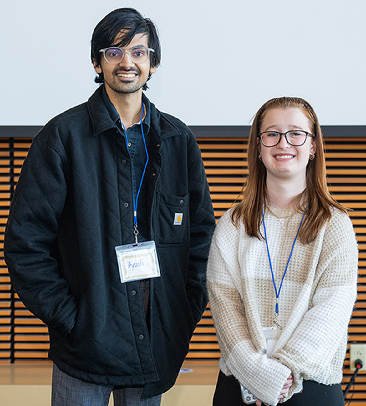 Scholarship winners from the 11th annual Middle Tennessee State University Computer Science Department HackMT competition held on campus Friday, Jan. 30, through Sunday, Feb. 1, in Murfreesboro, Tenn., are computer science majors Ayush Kamath, left, and Kensey McDowell, both of Murfreesboro. (MTSU photo by Cat Curtis Murphy)