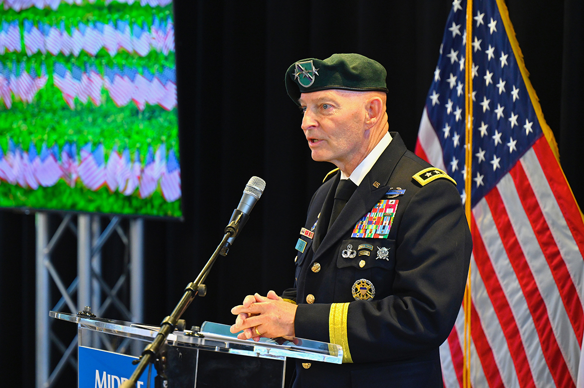 Retired U.S. Army Lt. Gen. Keith M. Huber, the MTSU senior adviser for veterans and leadership initiatives, welcomes the audience attending the eighh annual 9/11 Remembrance Sunday, Sept. 11, in the Tom H. Jackson Building's Cantrell Hall. “the attack on 9/11 changed our world forever," he said. (MTSU photo by Cat Curtis Murphy)