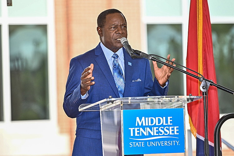 MTSU President Sidney A. McPhee addresses the audience at the Aug. 18 ribbon-cutting for the new Academic Classroom Building. The structure will house three disciplines from the College of Behavioral and Health Sciences. (MTSU photo by J. Intintoli)