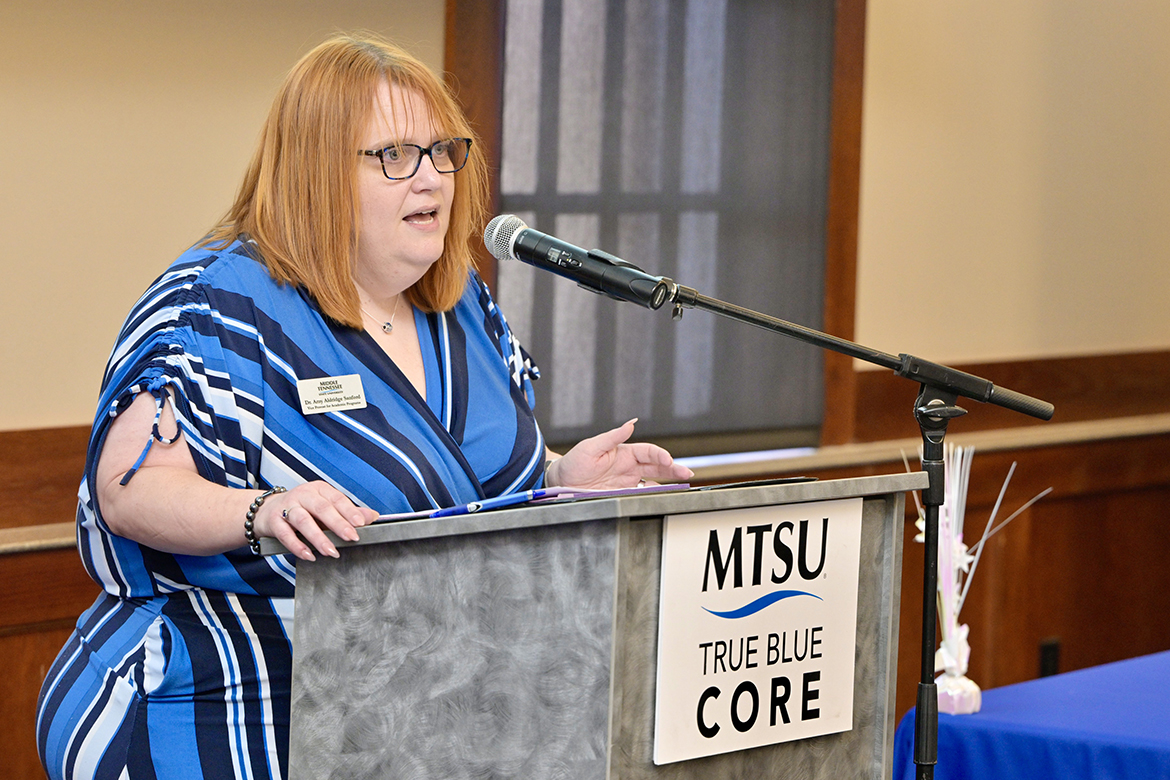 Dr. Amy Aldridge Sanford speaks at a reception held Feb. 26 announcing True Blue Core, True Blue Core, Middle Tennessee State University's new general education curriculum, which launches in Summer 2024 with the new catalog, 2024-2025. (MTSU photo by Andy Heidt)