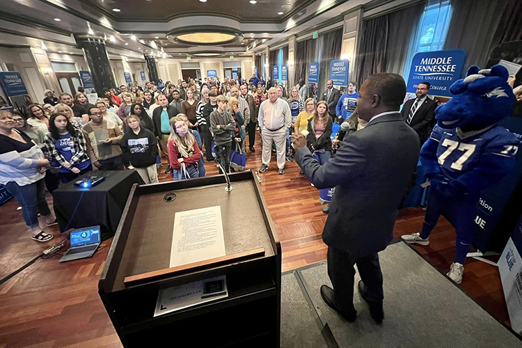 MTSU President Sidney A. McPhee talks to the crowd attending the True Blue tour event Wednesday, Oct. 19, at the Carnegie Hotel in Johnson City, Tenn. (MTSU photo by Andrew Oppmann)