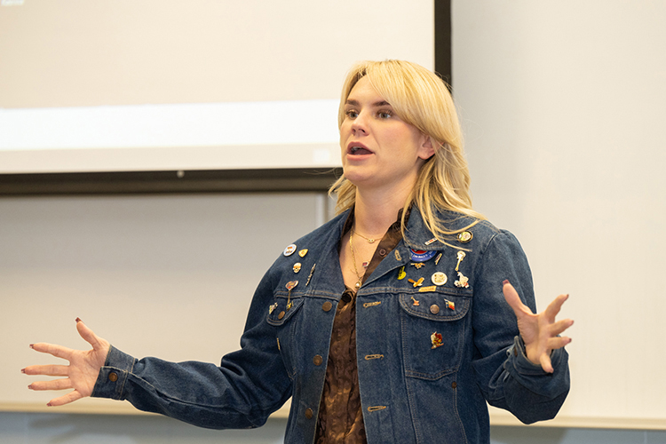 State Rep. Aftyn Behn speaks to Middle Tennessee State University social work students, faculty and administration at the Cason-Kennedy Nursing Building Nov. 2, 2023. (MTSU photo by James Cessna)