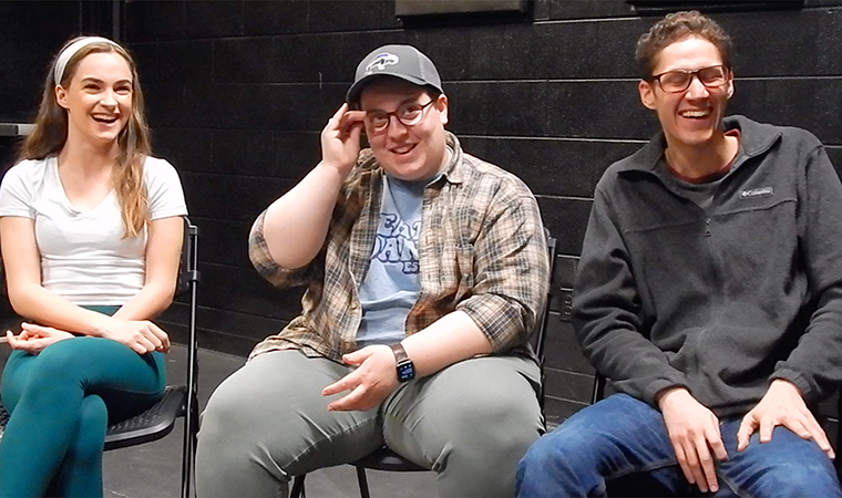 MTSU Theatre students Liv Hendrix, left, a junior from Franklin, Tenn.; Virginia Tipps, a Murfreesboro senior; and Brian Jones Jr., a senior from Chicago, laugh in the Anderson Studio Theatre during a pre-rehearsal interview for the university's planned April 2-5 musical “Alexander and the Terrible, Horrible, No Good, Very Bad Day.” Tipps, the production's director, learned less than two weeks later, along with Hendrix (as Alexander) and Jones (as the Dreamer/Kangaroo) and the rest of the cast and crew, that the university had to cancel the show amid the ongoing COVID-19 virus threat. (MTSU photo by Gina E. Fann.)