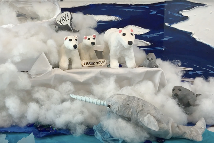 Happy Arctic animals, including polar bears, seals and a narwhal, celebrate their cleaner habitat in this frame from "Arctic Blues," a one-minute stop-motion animated video created by students from the Tennessee School for the Blind in Nashville and MTSU art education students. The video, one of more than 22,000 entries from 78 countries this spring in the 48th International Children's Exhibition of Fine Arts Lidice competition, earned an honorable mention. (Photo from "Arctic Blues" video)