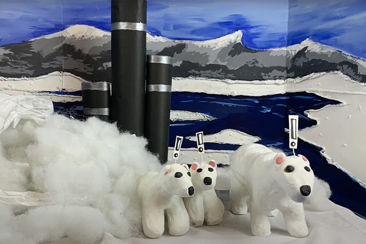 A polar bear and her cubs are shocked at their polluted, disappearing habitat in this frame from "Arctic Blues," a one-minute stop-motion animated video created by students from the Tennessee School for the Blind in Nashville and MTSU art education students. The video, one of more than 22,000 entries from 78 countries this spring in the 48th International Children's Exhibition of Fine Arts Lidice competition, earned an honorable mention. (Photo from "Arctic Blues" video)