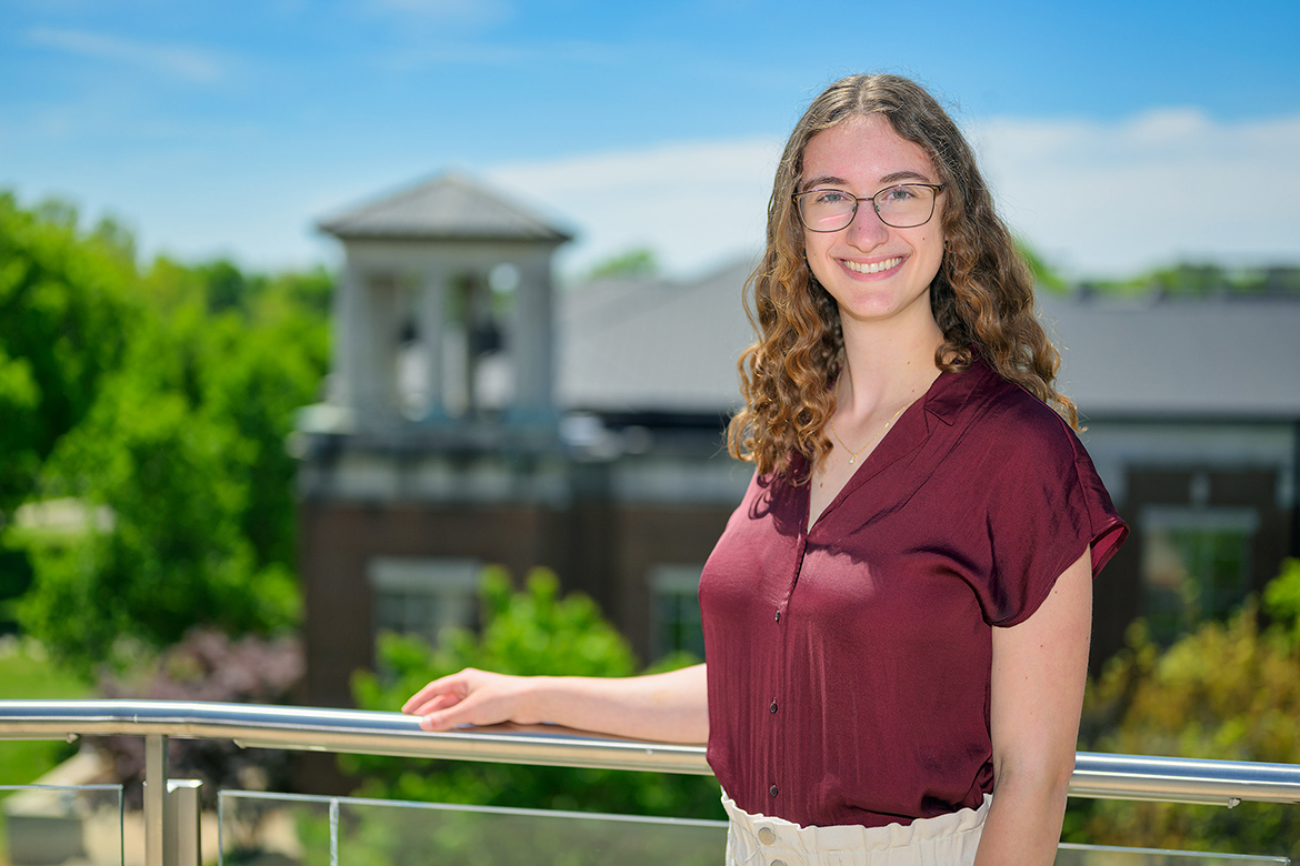 Middle Tennessee State University sophomore and Honors Buchanan Fellow Ariel Nicastro, shown here with the Paul W. Martin Sr. Honors Building in the background on MTSU’s campus in Murfreesboro, Tenn., was recently named as a 2024 Goldwater Scholar — one of 10 students from Tennessee institutions to receive the award this year and the only one from MTSU. (MTSU photo by Andy Heidt)