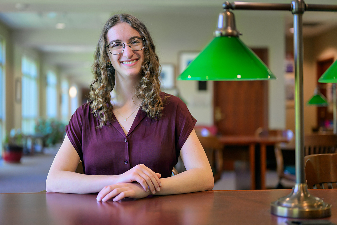 Middle Tennessee State University sophomore and Honors Buchanan Fellow Ariel Nicastro, shown here inside the Paul W. Martin Sr. Honors Building on MTSU’s campus in Murfreesboro, Tenn., was recently named as a 2024 Goldwater Scholar — one of 10 students from Tennessee institutions to receive the award this year and the only one from MTSU. (MTSU photo by Andy Heidt)