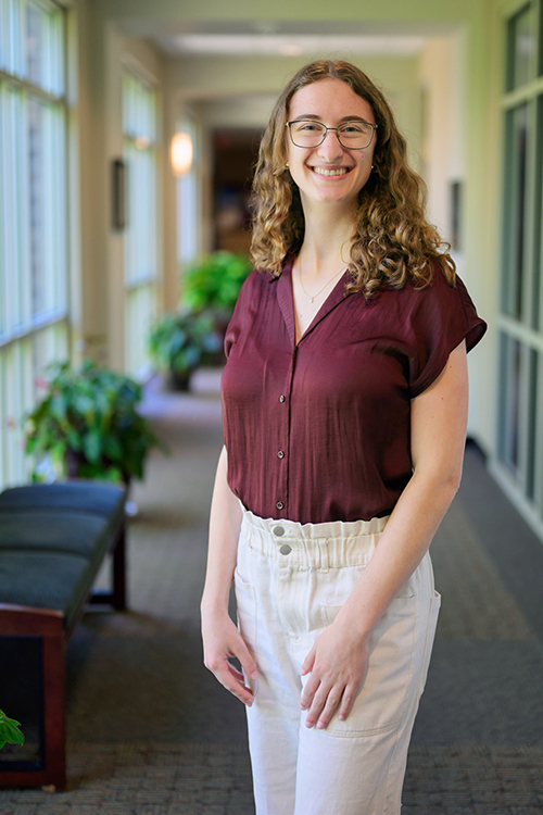 Middle Tennessee State University sophomore and Honors Buchanan Fellow Ariel Nicastro, shown here inside the Paul W. Martin Sr. Honors Building on MTSU’s campus in Murfreesboro, Tenn., was recently named as a 2024 Goldwater Scholar — one of 10 students from Tennessee institutions to receive the award this year and the only one from MTSU. (MTSU photo by Andy Heidt)