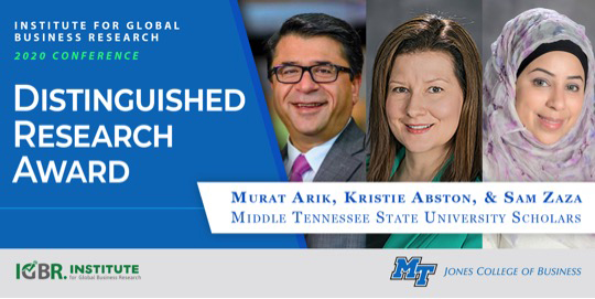 Murat Arik, Ph.D., left, director of MTSU’s Business and Economic Research Center, was honored with Institue for Global Business Research’s 2020 Distinguished Research Award for his scholarly research article, along with fellow co-authors from MTSU’s Jones College of Business: Kristie Abston, Ph.D.(Management) and Sam Zaza, Ph.D. (Information Systems and Analytics). (Submitted illustration)