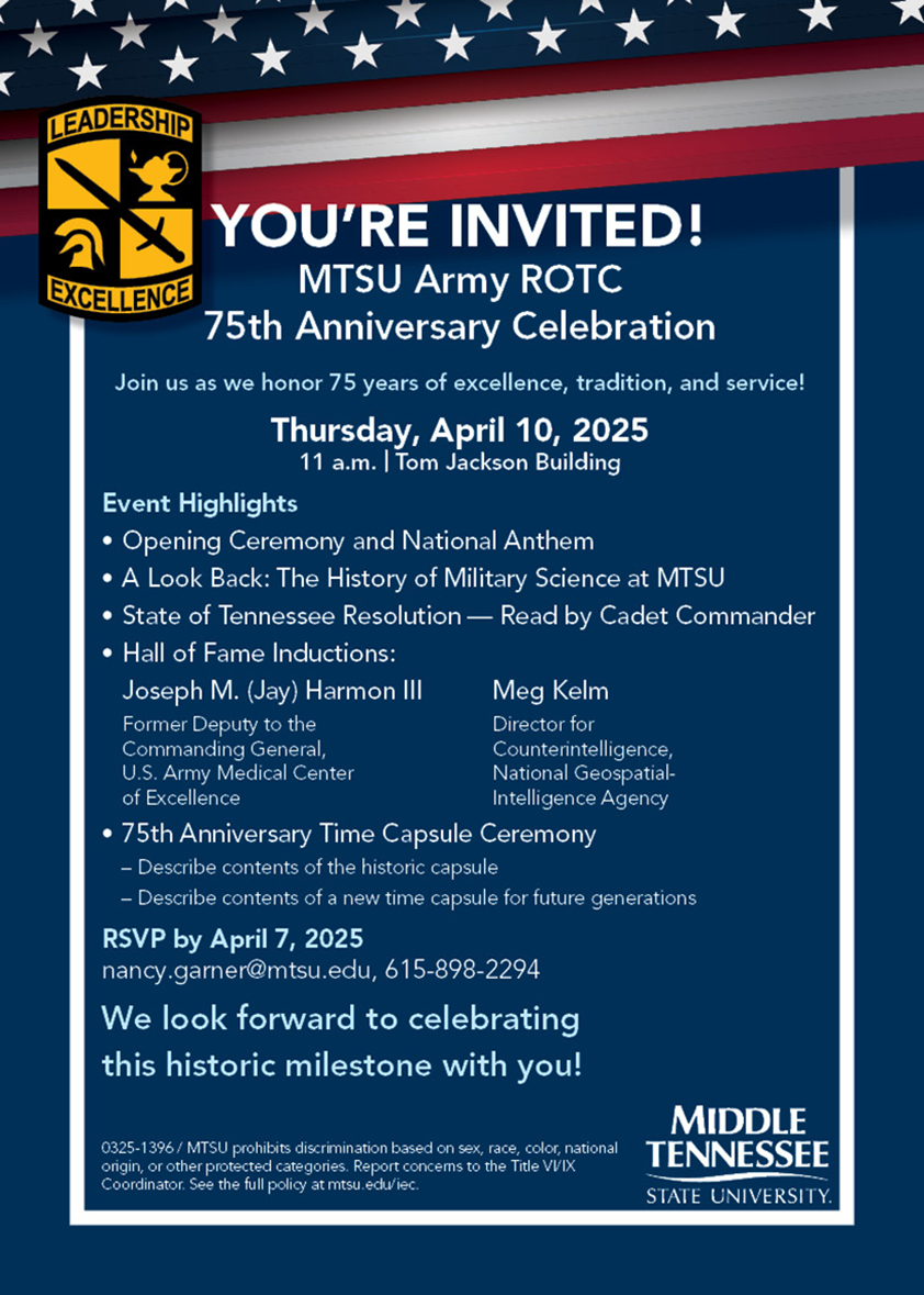 Invitation to MtSU Army ROTC 75th anniversary celebration