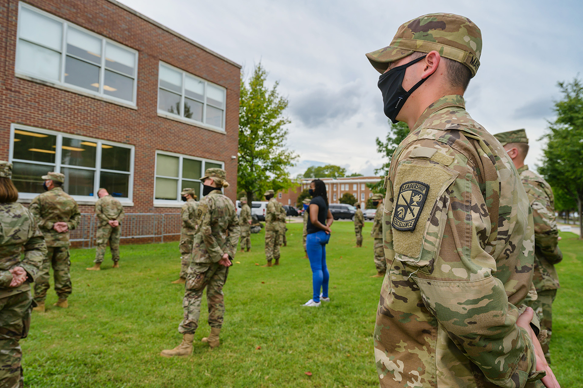 Returning MTSU ROTC cadets take part in the annual swearing-in ceremony for new cadets Thursday, Aug. 27, outside Forrest Hall. (MTSU photo by Andy Heidt)