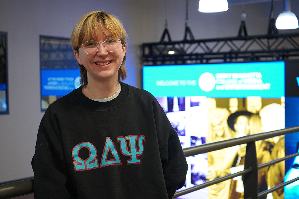 Shown here inside the John Bragg Media and Entertainment Building on the campus of Middle Tennessee State University in Murfreesboro, Tenn., integrated studies major Austyn Taylor of Madison, Tenn., was instrumental, as a high school student, in building a theatre program at the K-8 Amqui Global Communications Magnet in Metro Nashville Public Schools. (MTSU photo by Robin E. Lee)