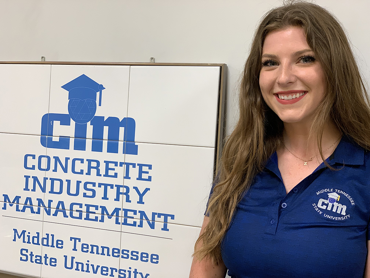 Recent MTSU graduate Autumn Gates participated in a senior class lab project where students researched and tested environmentally friendly concrete mix as part of barrier wall and pit lane for the Aug. 6-8 Big Machine Music City Grand Prix NTT IndyCar Race in downtown Nashville, Tenn. MTSU’s Charlie and Hazel Daniels Veterans and Military Family Center will be featured in the 7 p.m. Aug. 6 festivities. The grand prix race starts at 4:30 p.m. Aug. 8. (MTSU photo by Randy Weiler)