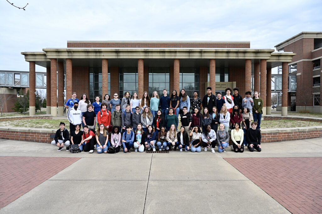 Blackman High School freshmen who are participating in the Blackman Collegiate Academy partnership with MTSU are shown outside the MTSU Student Services and Admissions Center Tuesday, March 22. They are discovering the MTSU campus through admissions, hearing from MTSU faculty and more. (MTSU photo by J. Intintoli)