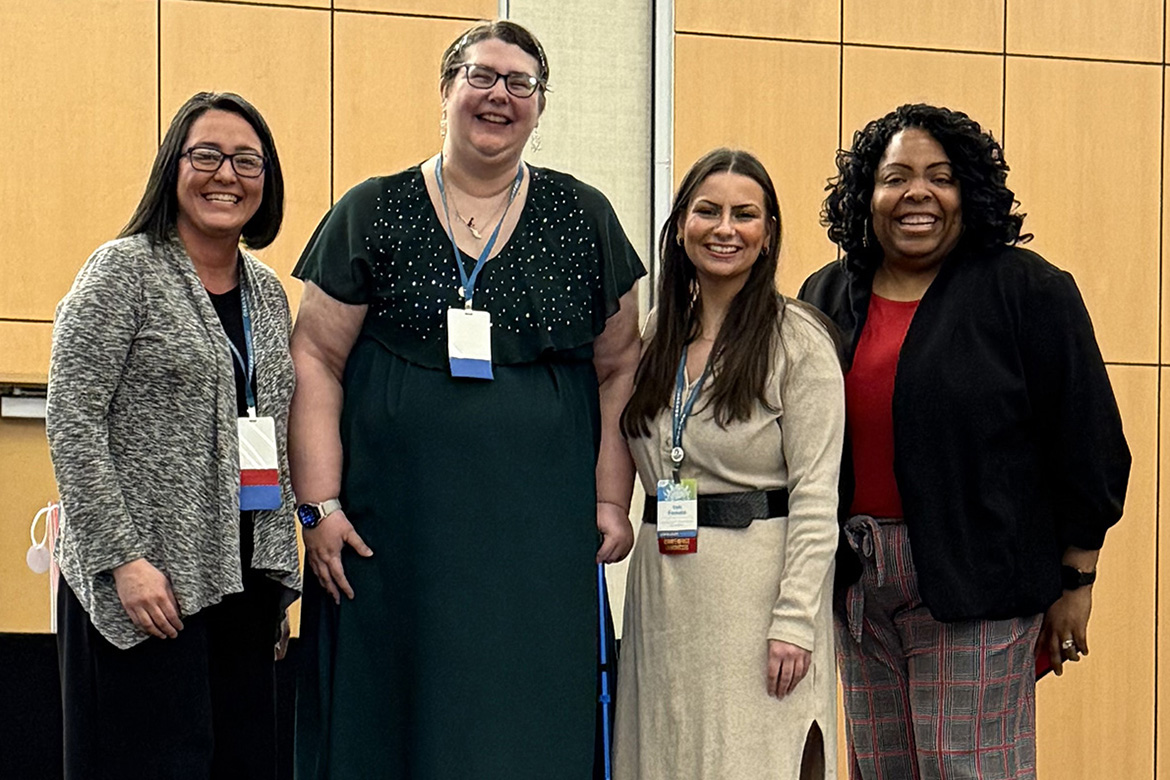 Bonnie McCarty, academic advisor in the College of Behavioral and Health Sciences at Middle Tennessee State University in Murfreesboro, Tenn., second from right, earned top honors at the recent regional conference for NACADA, formerly known as the National Academic Advising Association, held in Memphis in March. McCarty, a 20-year veteran staff member of MTSU, stands with conference committee members, from left, Cecelia Olivares and Toni Maria Formato, and far right, Melissa Jackson. (Submitted photo)
