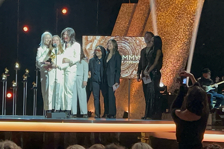 2024 Grammy winner and Middle Tennessee State University alumnus Julien Baker, a 2019 English graduate, accepts one of three Grammys out of five nominations won as a member of boygenius, an indie supergroup with Phoebe Bridgers and Lucy Dacus, at the 66th annual Grammy Awards ceremony on Sunday, Feb.4, 2024, in Los Angeles. (MTSU photo by Andrew Oppmann)