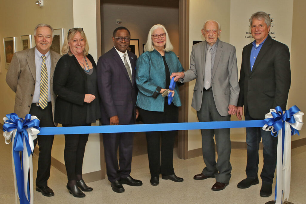 MTSU hosted a March 20 ribbon-cutting for the new Baldwin Photographic Collection and Archive on the second floor of the Miller Education Center on Bell Street. Pictured, from left, Ken Paulson, dean of the College of Media and Entertainment; Baldwin Photographic Gallery curate Jackie Heigle; MTSU President Sidney A. McPhee; Mary Alice Rouslin, widow of longtime gallery curator and professor Tom Jimison; Professor Emeritus Harold Baldwin; and Department of Media Arts Chair Billy Pittard. (MTSU photo by James Cessna)