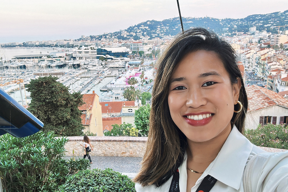 MTSU alumna Beatriz Marie Dedicatoria (Class of ’20) takes a selfie May 23 at the historic church Eglise Notre Dame d'Esperance in Cannes, France, after her internship shift as part of the Cannes International Film Festival. (Submitted photo)