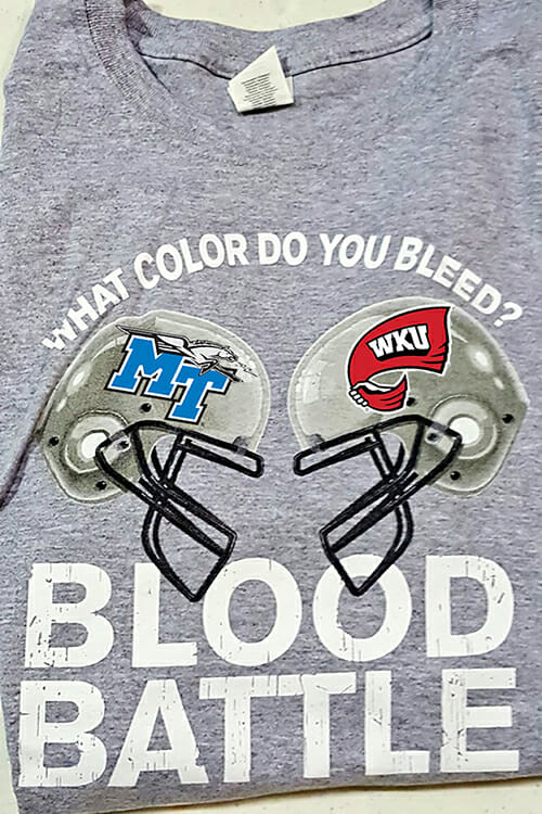 MTSU blood donors at the 2018 “Bleed Blue, Beat WKU” community blood drive Oct. 29-31 will receive one of the custom “Blood Battle” T-shirts as thanks for their lifesaving gift. (MTSU photo)