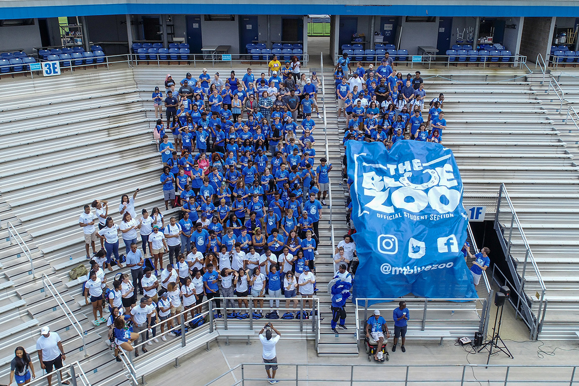 The huge banner for the Blue Zoo, the newly revived student pep group at MTSU, was unfurled for the first time Tuesday, Aug. 13, at an event at Floyd Stadium. (MTSU photo by Nathan Wallach)