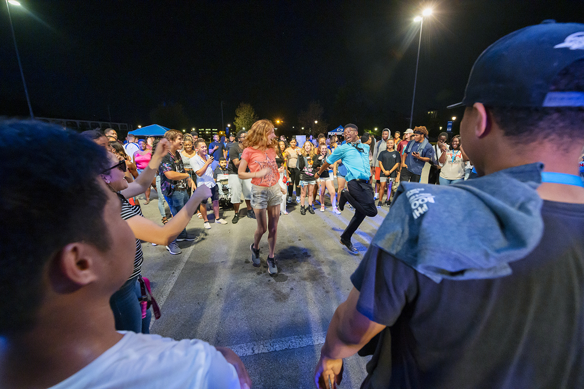 MTSU students will gather at 7 p.m. Friday, Oct. 1, in the Campus Recreation Center parking lot for the newly renamed Blue Zoo Bash — a pep rally featuring cheerleaders, MTSU pep band and dance team members on the eve of the MTSU-Marshall University football game. Dancers entertain the crowd during the 2019 Bash the Rec. (MTSU file photo by Cat Curtis Murphy)