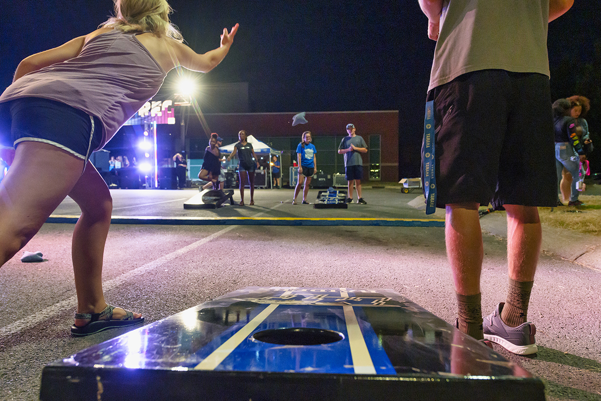 MTSU students play Cornhole, a bean bag tossing game, during the 2019 Bash the Rec event in the Campus Recreation Center parking lot. Hundreds of students will gather for the 7 p.m. Friday, Oct. 1, Blue Zoo Bash — a pep rally featuring cheerleaders, MTSU pep band members and more fun and games. (MTSU file photo by Cat Curtis Murphy)