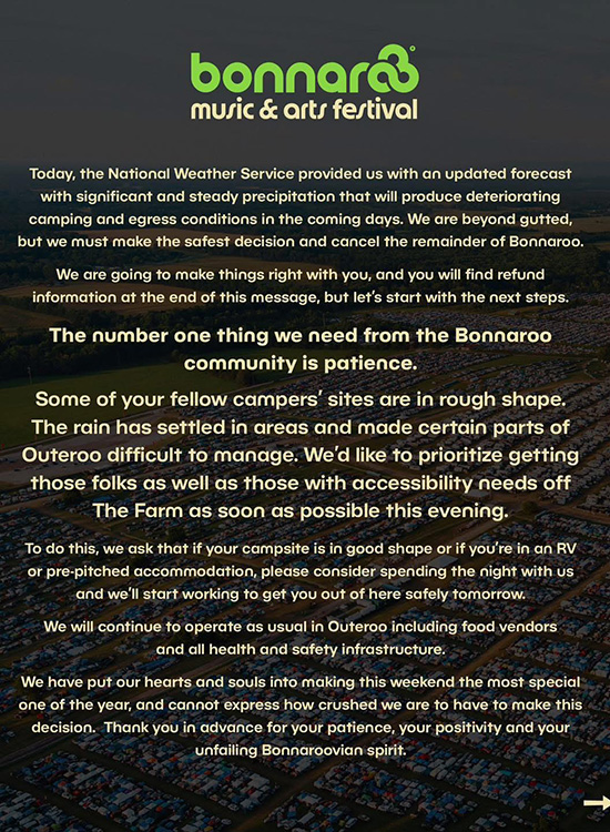 This social media post from organizers of the 2025 Bonnaroo Music and Arts Festival announces the event’s cancellation Friday night, June 13, due to severe weather and deteriorating conditions at the festival grounds in Manchester, Tenn.