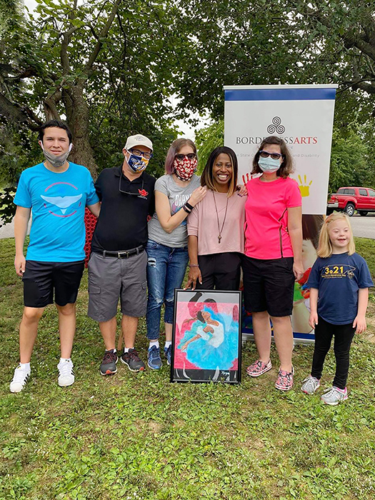 Newly inducted Senior Company members of Borderless Arts Tennessee's new Borderless Dance Community celebrate with the organization's artistic director, MTSU senior dance major Jennifer James, third from right, after a September ceremony at Memorial Park in Hendersonville, Tenn. Almost all the senior members are part of "Peace," a dance tribute to the late arts education activist Jean Kennedy Smith and the United Nations’ International Day of Persons with Disabilities on Dec. 3. Shown from left are Borderless Arts member and artist Rodrigo Gallegos; member and artist Adam "A.J." Boyd, a founding member of Borderless Arts' first dance program; member and artist Erica McMurray, vice president of the Ambassadors of Borderless Arts organization at MTSU; James; member and artist Torie Summers, a founding member of Borderless Arts' Teapot Diplomat Visual Arts program; and a happy young member of the Borderless Dance Community's junior company. Also inducted but not pictured were senior dance company members Meghan Maynard, Maggie Perry and Sarah Rachman. (photo courtesy of Borderless Arts Tennessee)