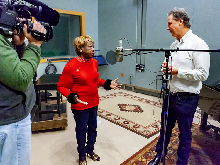 Nashville gospel artist Brenda Ivey Robertson, center, was treated to a special recording session Saturday, Feb. 18, 2023, at Middle Tennessee State University in Murfreesboro, Tenn. At right is MTSU Recording Industry Chair John Merchant, who recorded the session. (MTSU photo by Tom Beckwith)