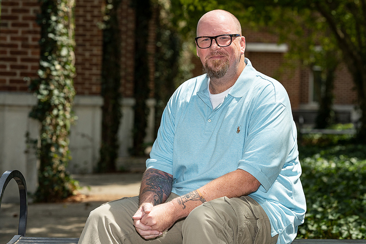 In this 2022 file photo, Middle Tennessee State University senior media arts major and Honors College student Brian Maxwell is shown outside the Honors Building on campus in Murfreesboro, Tenn. Maxwell transferred to MTSU from Motlow State Community College as an Honors Buchanan Transfer Fellow. (MTSU file photo by J. Intintoli)