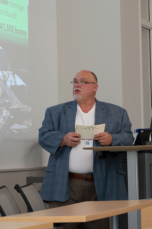 MTSU senior Billy Fryar presents the business plan for his company 911 Tarp during the 2022 Business Plan Competition Finals held April 27 in the Academic Classroom Building. The event is presented by the Pam Wright Chair of Entrepreneurship within the Department of Management. Fryar won second place in the competiton. (MTSU photo by Darby Campbell-Firkus)