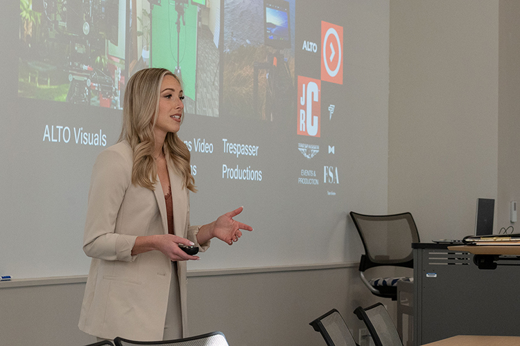 MTSU rising senior Hannah Beyler presents her business plan for The Us Agency during the 2022 Business Plan Competition Finals held April 27 in the Academic Classroom Building. The event is presented by the Pam Wright Chair of Entrepreneurship within the Department of Management. Beyler was recognized with an honorable mention for The Us Agency, the nonprofit media consulting agency she founded that helps nonprofit organizations through a suite of services. (MTSU photo by Darby Campbell-Firkus)