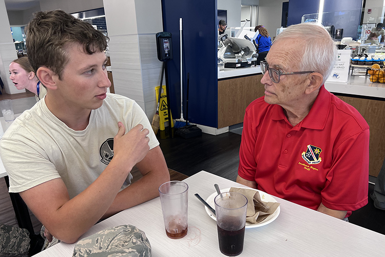 Civil Air Patrol cadet Carter Moore, left, cadet commander for the U.S. Air Force volunteer civilian auxiliary’s National Cadet Engineering Technology Academy, also known as E-Tech, talks with Lt. Col. Robert “Bob” Gilbert, director of the CAP national cadet special activity, earlier this week at MTSU, which is again hosting the academy. (MTSU photo by Andrew Oppmann)