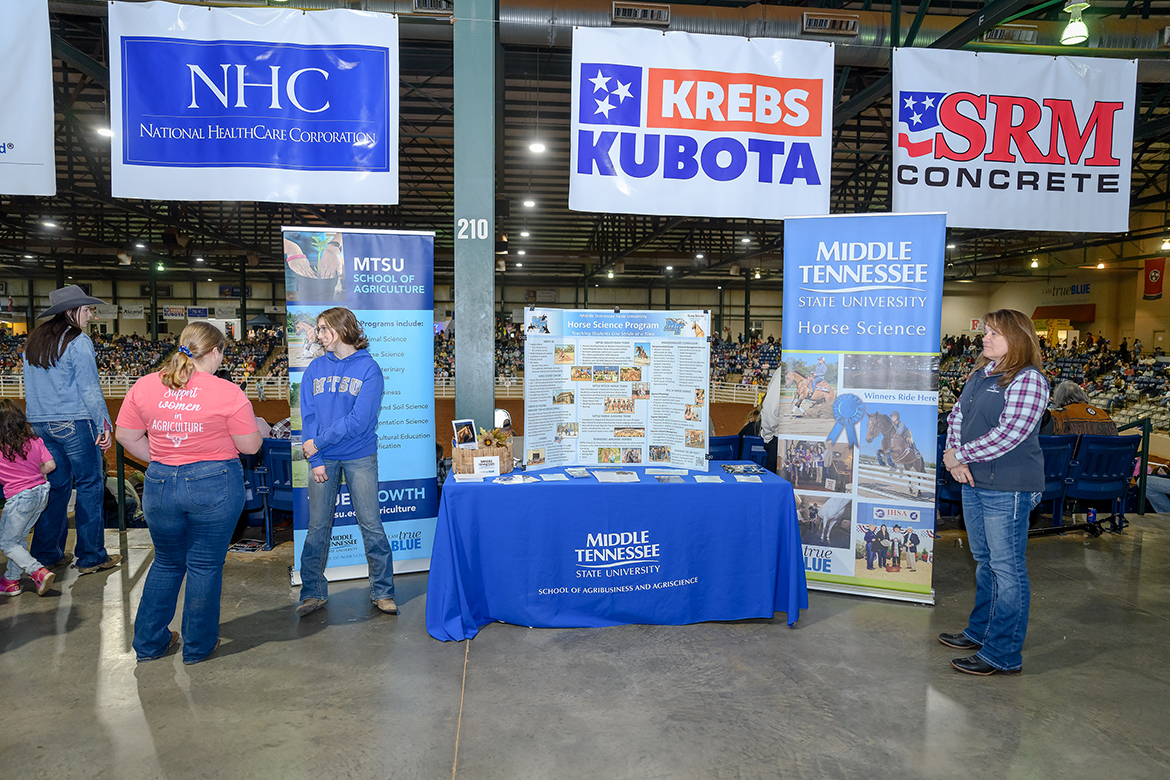 Middle Tennessee State University School of Agriculture students and Horse Science faculty staff tables promoting their respective programs during the first CFRC Rodeo in March 2023 at Tennessee Miller Coliseum. The rodeo, featuring the Kentucky-based Lone Star Rodeo riders and clowns, returns Friday and Saturday, March 1-2, to Miller Coliseum, 304B W. Thompson Lane, in Murfreesboro, with doors opening at 5:30 p.m. and events starting at 7. Tickets will be available online and at the door. The event is hosted by The Community Foundation of Rutherford County. (MTSU file photo by James Cessna)