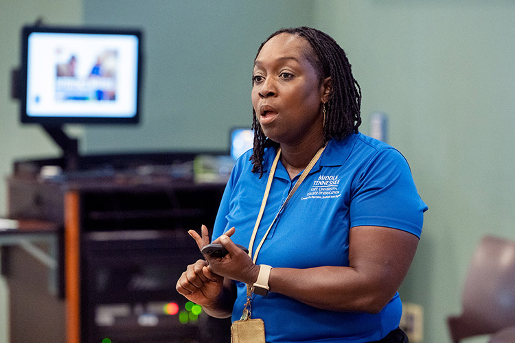 Michelle Stevens, professor and director of Center for Fairness, Justice, and Equity at Middle Tennessee State University in Murfreesboro, Tenn gives campers an overview of the College of Education during their visit to the COE. Twenty students from the Boys and Girls Clubs of Rutherford County attended the 2024 “Come to Voice” summer digital media camp at MTSU. (MTSU photo by Andy Heidt)