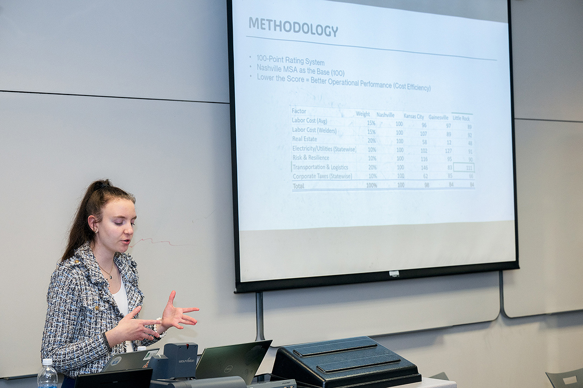Middle Tennessee State University student Victoria Voronkina-Yitzchaki, a senior finance major from Franklin, gives a presentation to a panel of judges during “The Call of Data” 24-hour analytics challenge held Nov. 7-8 inside the Business and Aerospace Building on campus in Murfreesboro, Tenn. (MTSU photo by Andy Heidt)