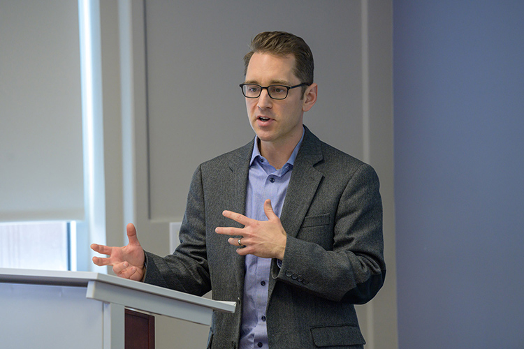 Patrick Cammack, senior vice president for economic development for the Rutherford County Chamber of Commerce, discusses economic development and attracting businesses Nov. 10, 2023, during a session of the Jennings and Rebecca Jones Chair of Excellence in Urban and Regional Planning Scholars Program in the Business and Aerospace Building at Middle Tennessee State University in Murfreesboro, Tenn. (MTSU photo by Andy Heidt)