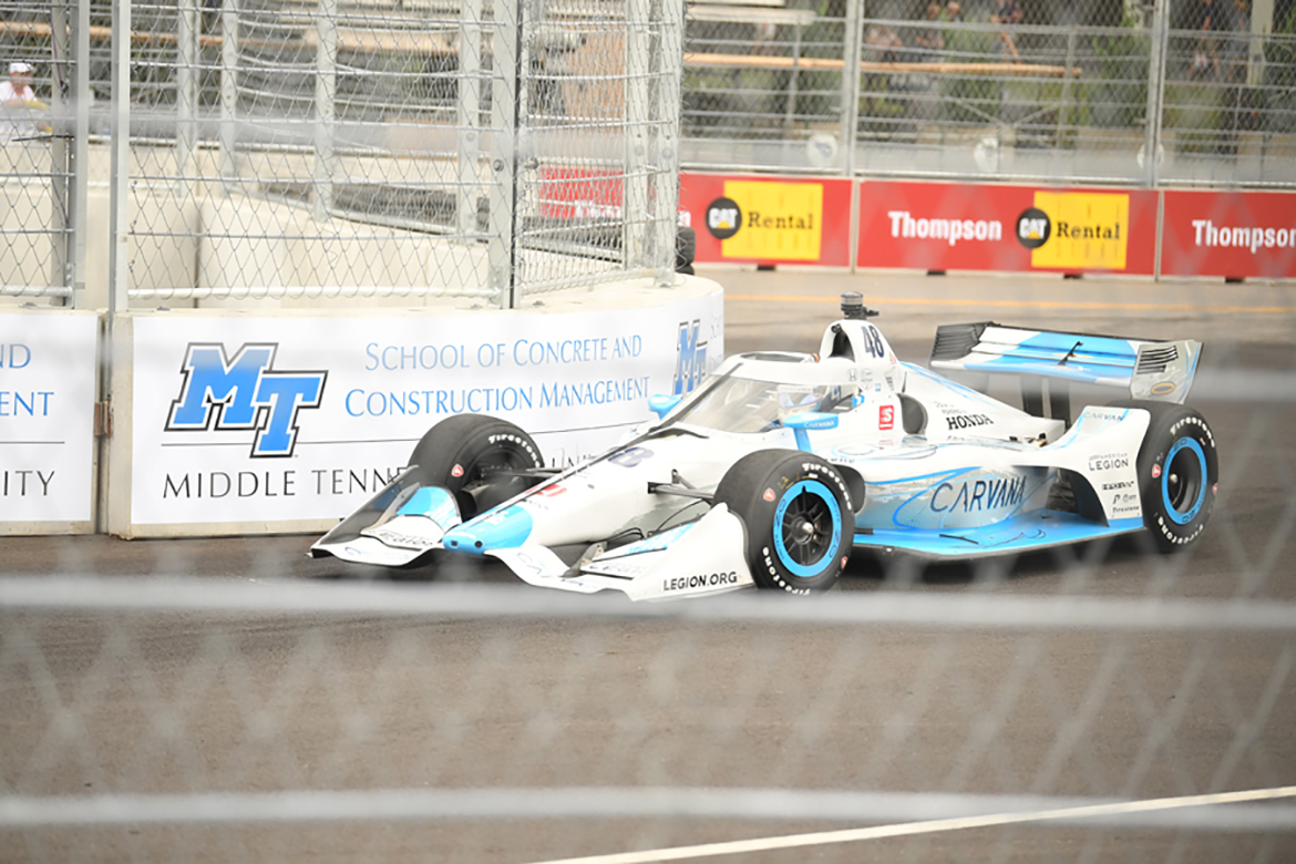 The MTSU School of Concrete and Construction Management logo drapes the concrete barrier at the Big Machine Music City Grand Prix track at the inaugural event in 2021. CIM has a three-year agreement with the Grand Prix and will have a presence again this year. (MTSU file photo by James Cessna)