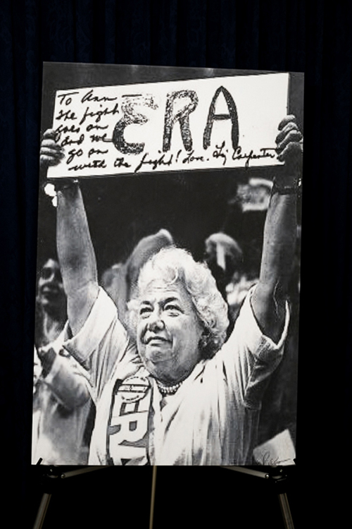 A historical black and white photo of trailblazing journalist and feminist Liz Carpenter sits on display on stage inside Middle Tennessee State University’s Paul W. Martin Sr. Honors Building for the March 19 interview of filmmaker Christy Carpenter, who co-directed the documentary about her mother titled “Shaking It Up! The Life and Times of Liz Carpenter.” Christy Carpenter’s visit to the MTSU campus in Murfreesboro, Tenn., was part of the university’s National Women’s History Month activities. (MTSU photo by James Cessna)