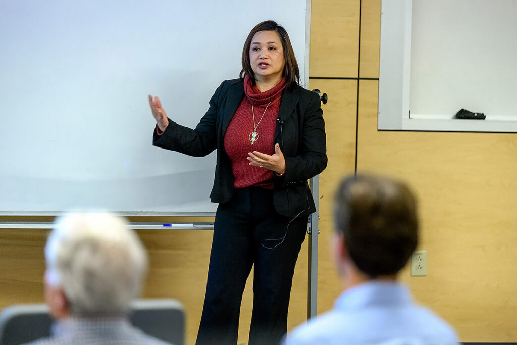 Cathy Rubin of Murfreesboro shares about her internship experience this fall with the Tennessee Department of Agriculture’s Consumer & Industry Services division during the MTSU Master of Science in Professional Science internship presentations Thursday, Dec. 2. “Cathy did set the bar pretty high and was an exceptional intern,” said Danny Sutton, consumer protection director, Tennessee Department of Agriculture Consumer & Industry Services. (MTSU photo by J. Intintoli)