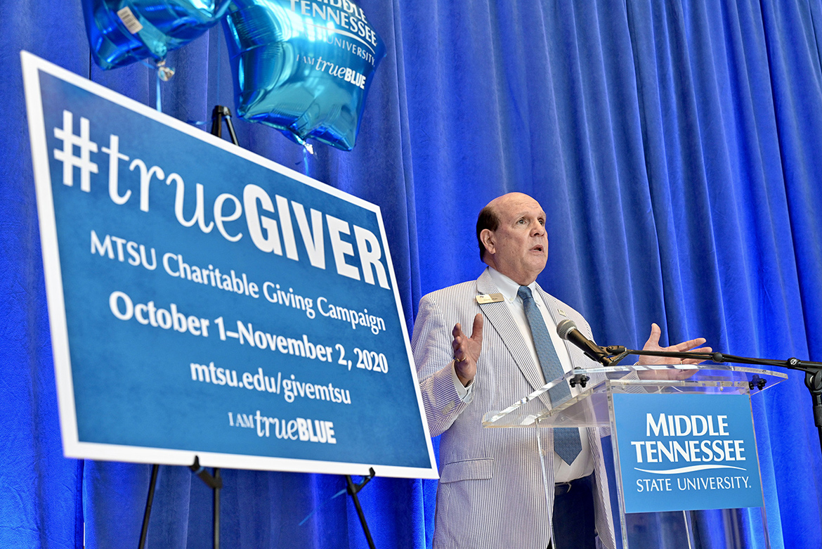Dean David Urban of the Jennings A. Jones College of Business encourages colleagues to contribute during the kickoff of the 2020-21 MTSU Employee Charitable Giving Campaign held recently in the atrium of the Cope Administration Building. For seven straight years, the Jones College has captured the Provost Cup, a friendly competition between academic units that is awarded to the college with the highest percentage of employee participation. (MTSU photo by Andy Heidt)