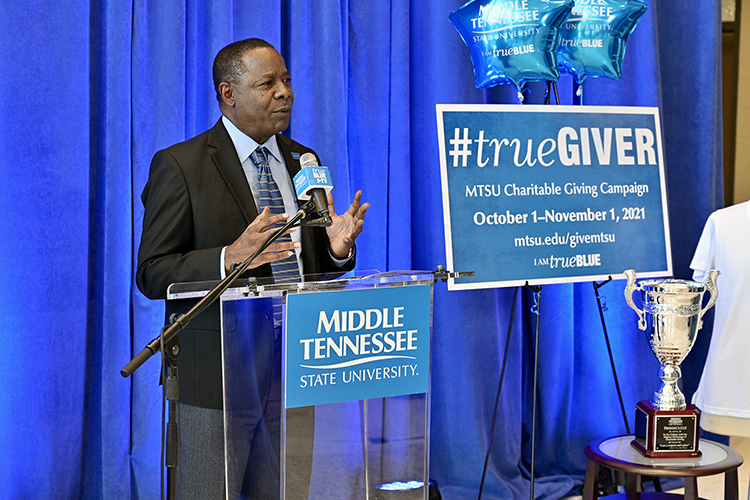 MTSU President Sidney A. McPhee announces a $140,000 goal for the 2021-22 MTSU Employee Charitable Giving Campaign during the Sept. 27 kickoff ceremony held in the atrium of the Cope Administration Building. (MTSU photo by Andy Heidt)