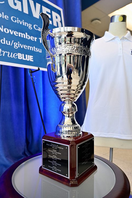 The Provost Cup, shown here, involves a friendly competition between academic units that is awarded to the college with the highest percentage of employee participation. The Jones College of Business has won the cup for eight straight years. (MTSU photo by Andy Heidt)