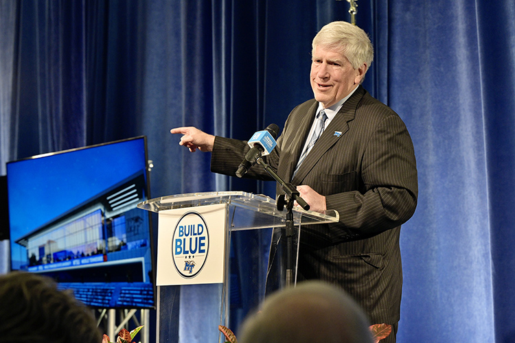 Middle Tennessee State University Director of Athletics Chris Massaro addresses attendees inside the Kennon Sports Hall of Fame during the Thursday, Jan. 26, groundbreaking ceremony for the new $66 million Student-Athlete Performance Center that will connect to the north end of Floyd Stadium. (MTSU photo by Andy Heidt)