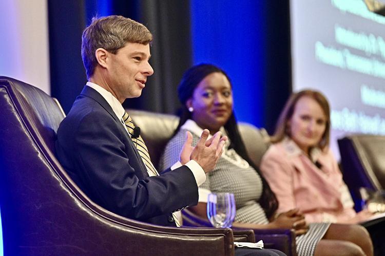 State Reps. Charles Baum, left, a Republican from Murfreesboro and a Middle Tennessee State University professor of economics, and London Lamar, a Democrat from Memphis, Tenn., listen to moderators Beth Harwell, current MTSU Distinguished Visiting Professor and former Tennessee House speaker, and MTSU political science professor Kent Syler during a panel on voting in February 2020 as part of the Tennessee Campus Civic Summit in the Student Union. The 2024 summit will be held Friday, Feb. 23, at the Miller Education Center, 503 Bell St., in Murfreesboro. (MTSU file photo by J. Intintoli)