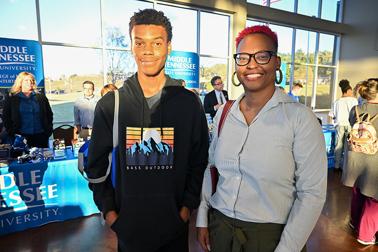 Prospective Middle Tennessee State University student Jared Meeks attends the university’s True Blue Tour event with his mother, Monica Meeks, to find out about the computer science and media programs on Wednesday, Sept. 28, 2022, at the Wilma Rudolph Event Center in Clarksville, Tennessee. (MTSU photo by Stephanie Wagner)