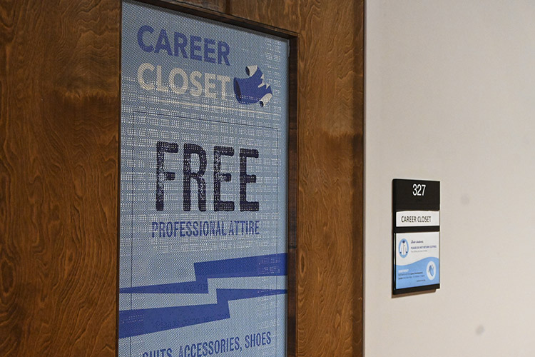 This signage directs Middle Tennessee State University students to the Career Closet in room 327 of the Keathley University Center on campus in Murfreesboro, Tenn. The resource provides clean, professional clothing for students at no cost for job interviews, career fairs and to help them get started in their professional careers. (MTSU photo by Jordan Reining)