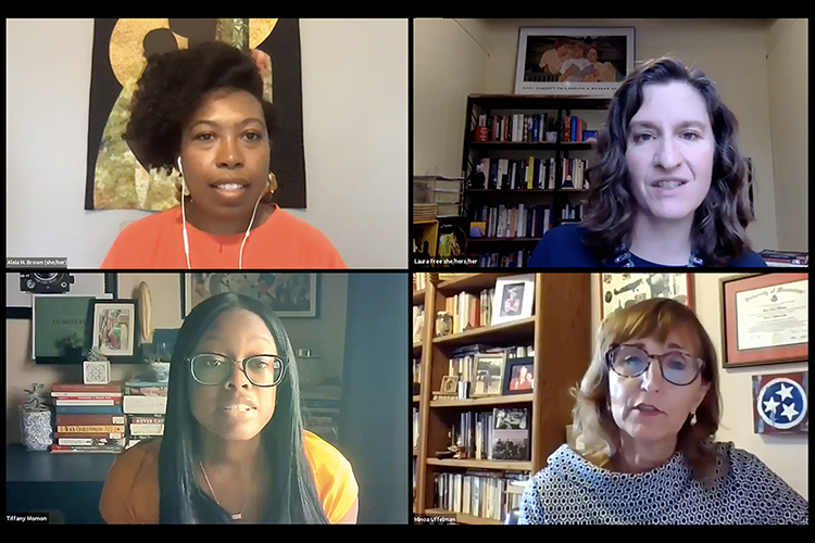 Participants in MTSU's Sept. 17 Constitution Day panel, "Voting Access, Equity, Justice: Beyond Celebration,” discuss the setbacks and challenges faced by Black women working toward passage of the 19th Amendment and the aftermath of that work. Clockwise from upper left are Aleia Brown, an alumna of MTSU’s doctoral Public History Program and the assistant director of the African American Digital Humanities Initiative at the University of Maryland’s Maryland Institute for Technology in the Humanities; Laura Free, chair of the Department of History at Hobart and William Smith Colleges in Geneva, N.Y.; Minoa Uffelman, a history professor at Austin Peay State University in Clarksville, Tenn.; and Tiffany Momon, another MTSU public history alumna and a visiting professor of history at Sewanee: The University of the South. (MTSU photo illustration)